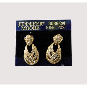 Vintage 1980s Jennifer Moore Pierced Drop Earrings Crystals Goldtone Elegant